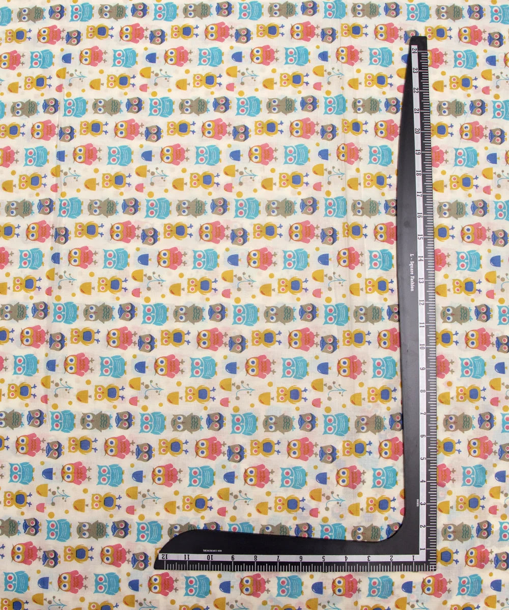 Jaipuri Screen Off White Owl Baby Printed Pure Cotton fabric