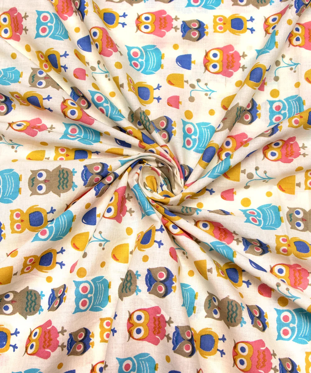 Jaipuri Screen Off White Owl Baby Printed Pure Cotton fabric