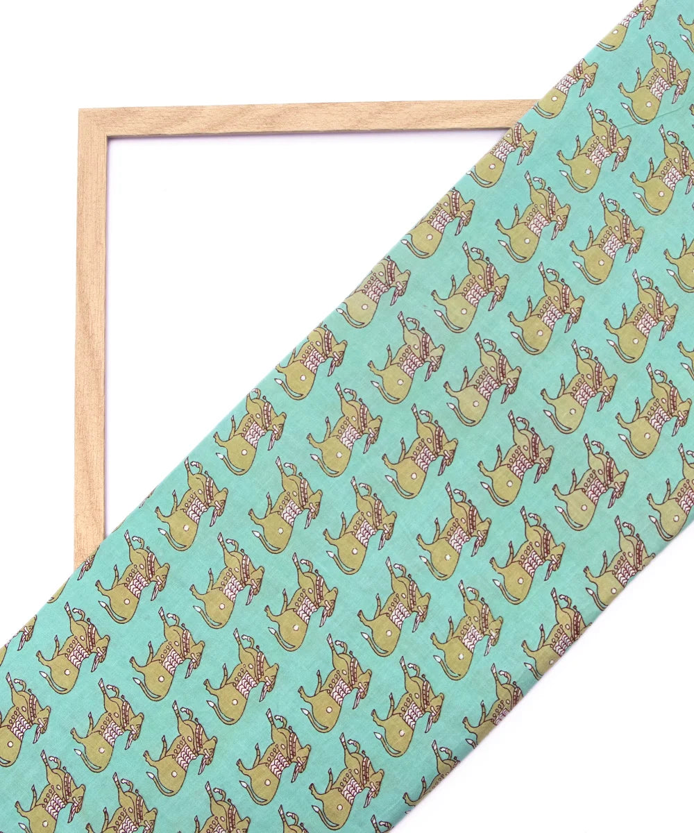 Jaipuri Screen Light Green Cow Animal Kids Printed Pure Cotton Fabric