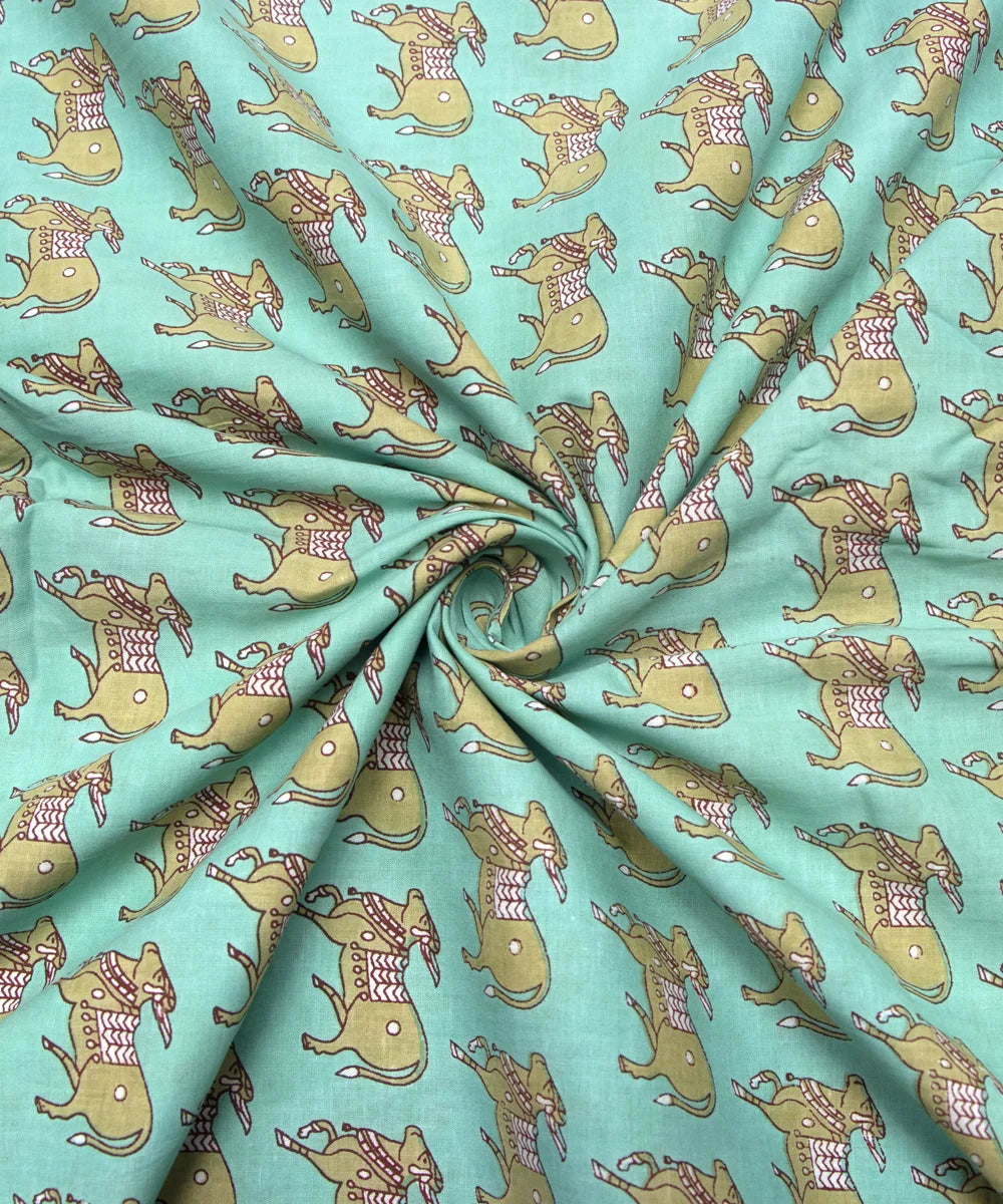 Jaipuri Screen Light Green Cow Animal Kids Printed Pure Cotton Fabric
