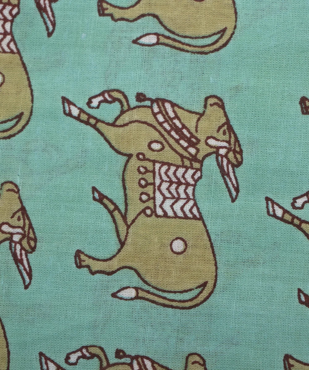 Jaipuri Screen Light Green Cow Animal Kids Printed Pure Cotton Fabric