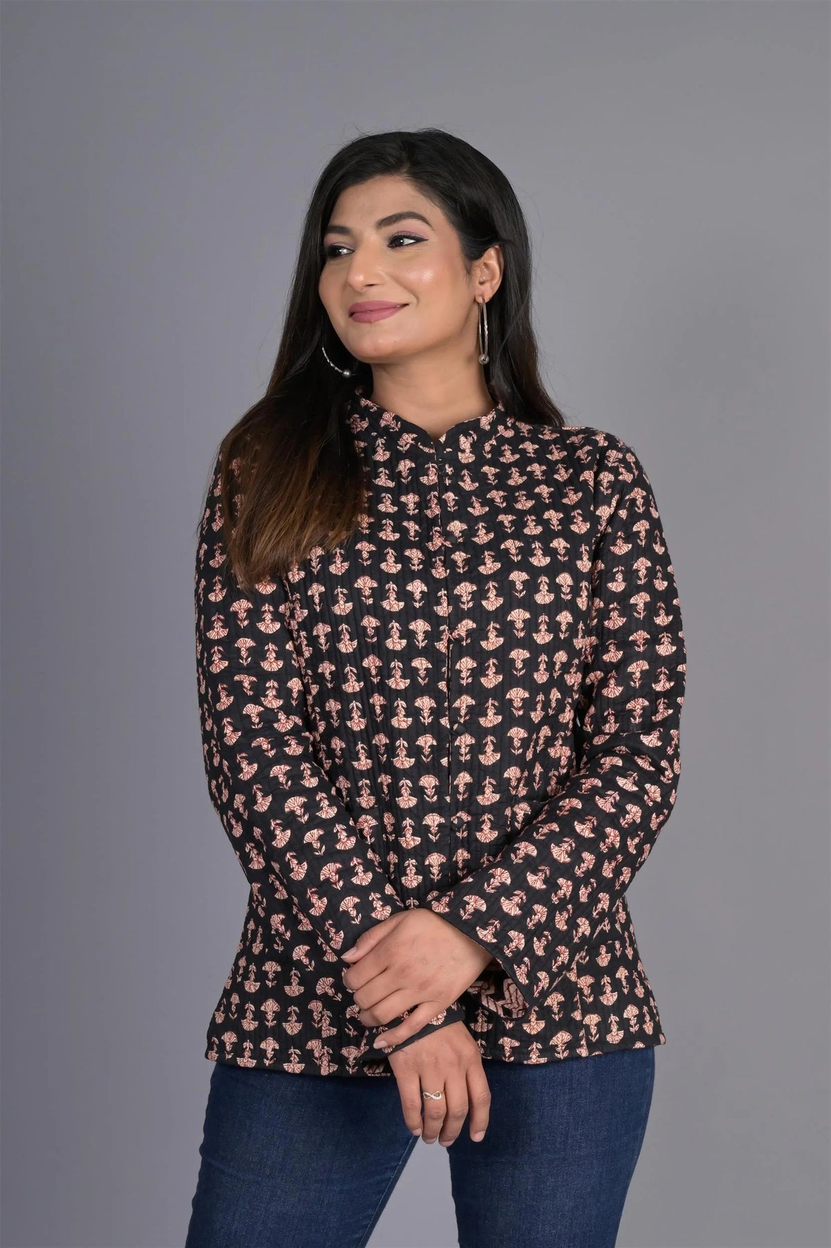 Winter Black and Beige Reversible Jaipuri Cotton Quilted Jackets For Women
