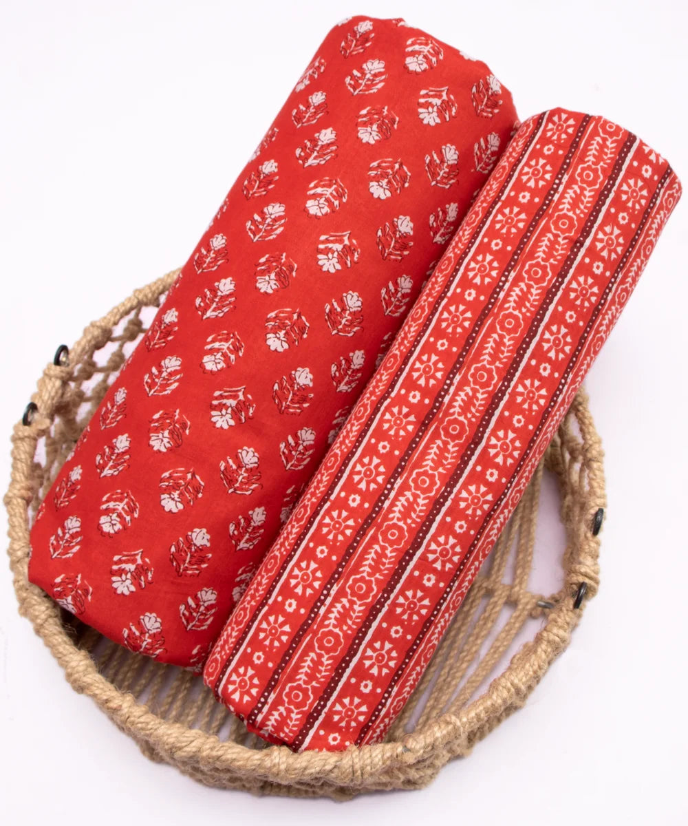 Screen Red Orange Printed Pure Cotton Fabric Set  ( Top and bottom 2.5 meter each )