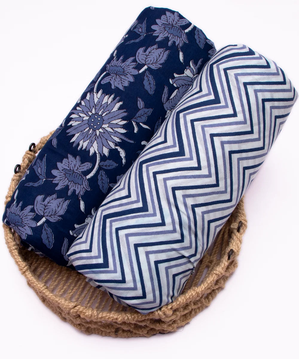 Screen Blue Floral Printed Pure Cotton Fabric Set ( Top and bottom 2.5 meter each )