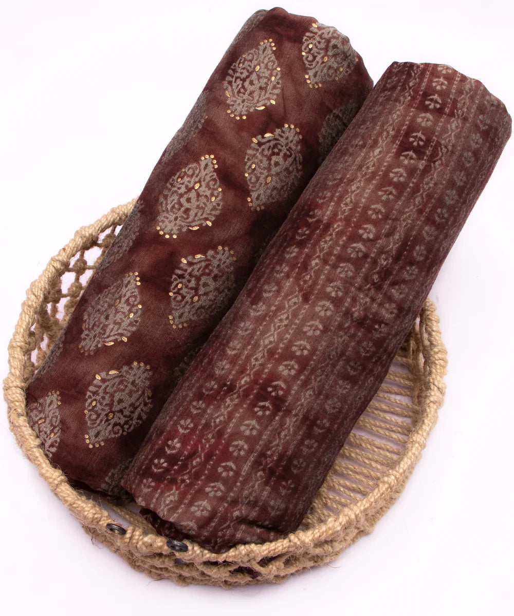 Printed Brown Muslin Fabric Set ( Top and bottom 2.5 meter each )
