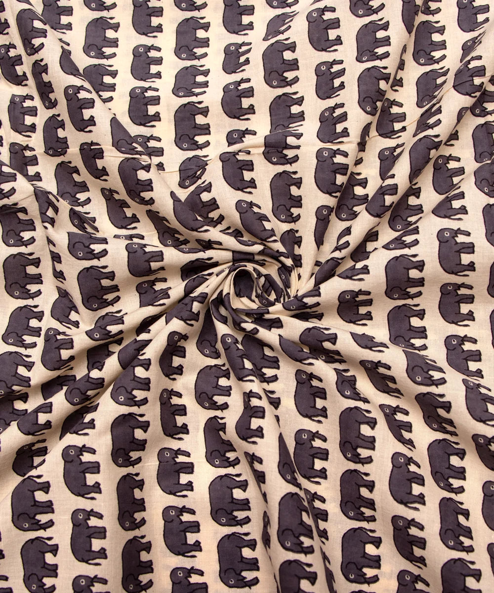 Jaipuri Screen Cream Elephant Kids Printed Pure Cotton Fabric