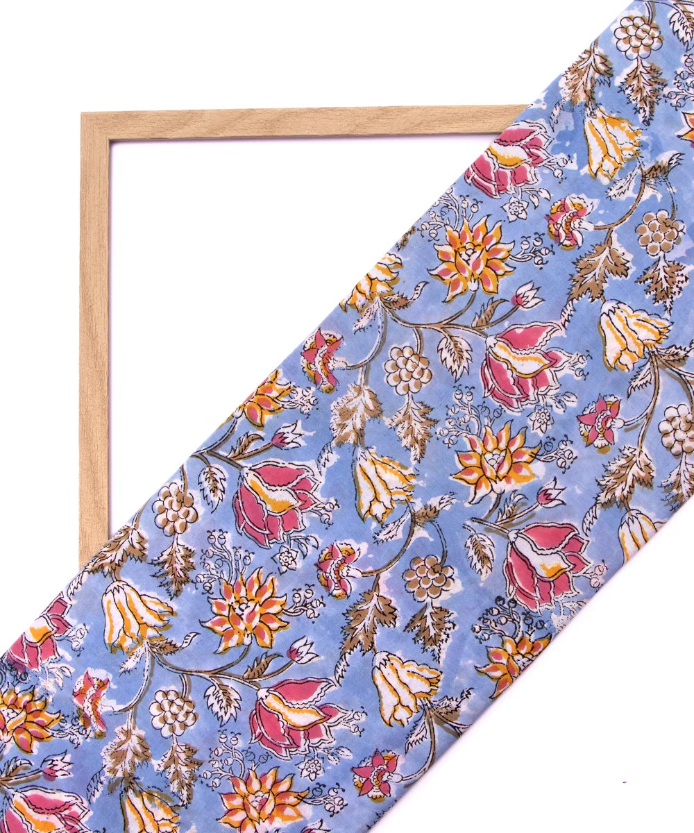 Jaipuri handblock Printed LIght Blue Natural Dye Soft Pure Cotton Fabric