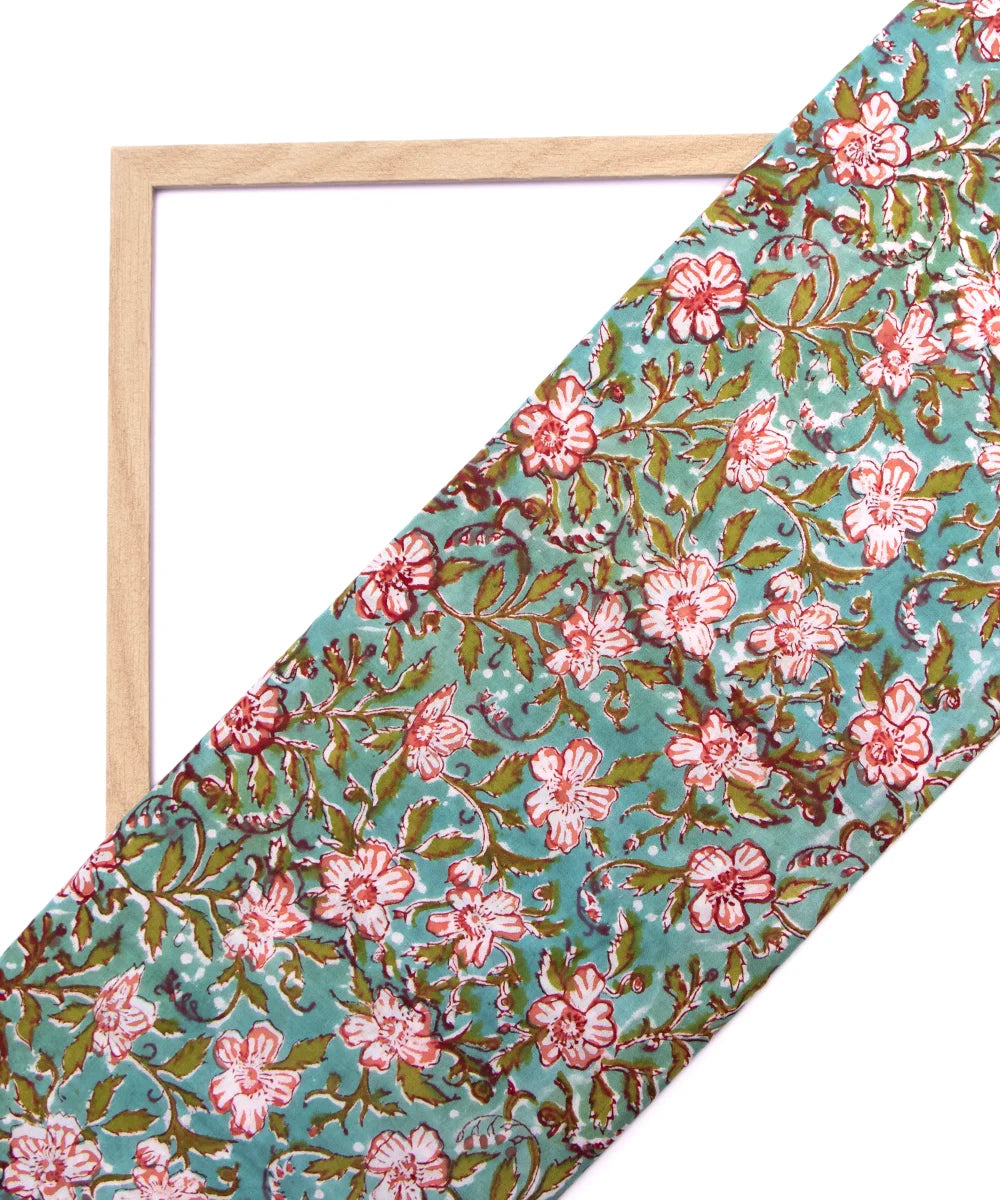 Jaipuri handblock Green Floral Printed Natural Dye Soft Pure Cotton Fabric