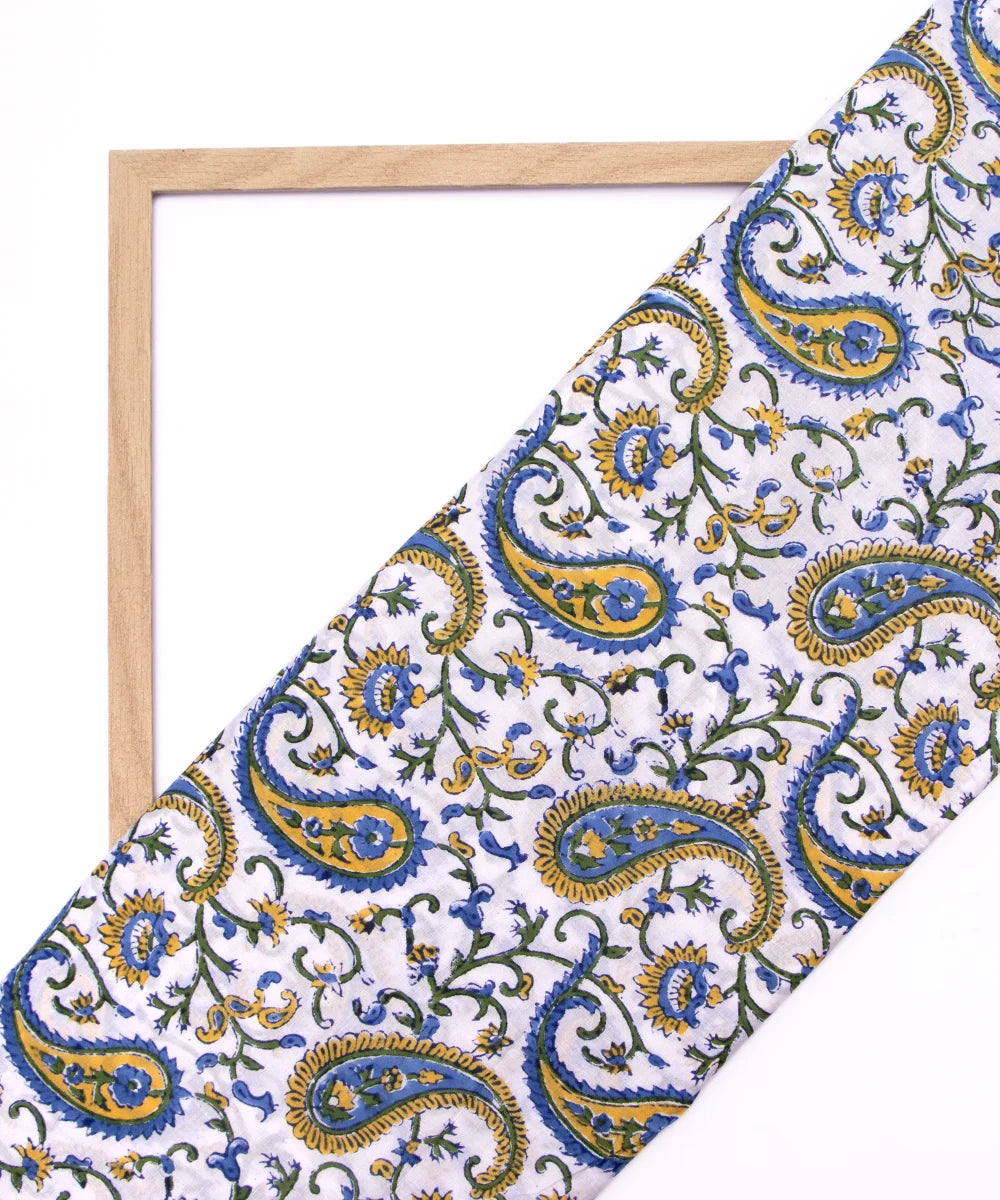 Jaipuri handblock White Blue Paisley Printed Natural Dye Soft Pure Cotton Fabric