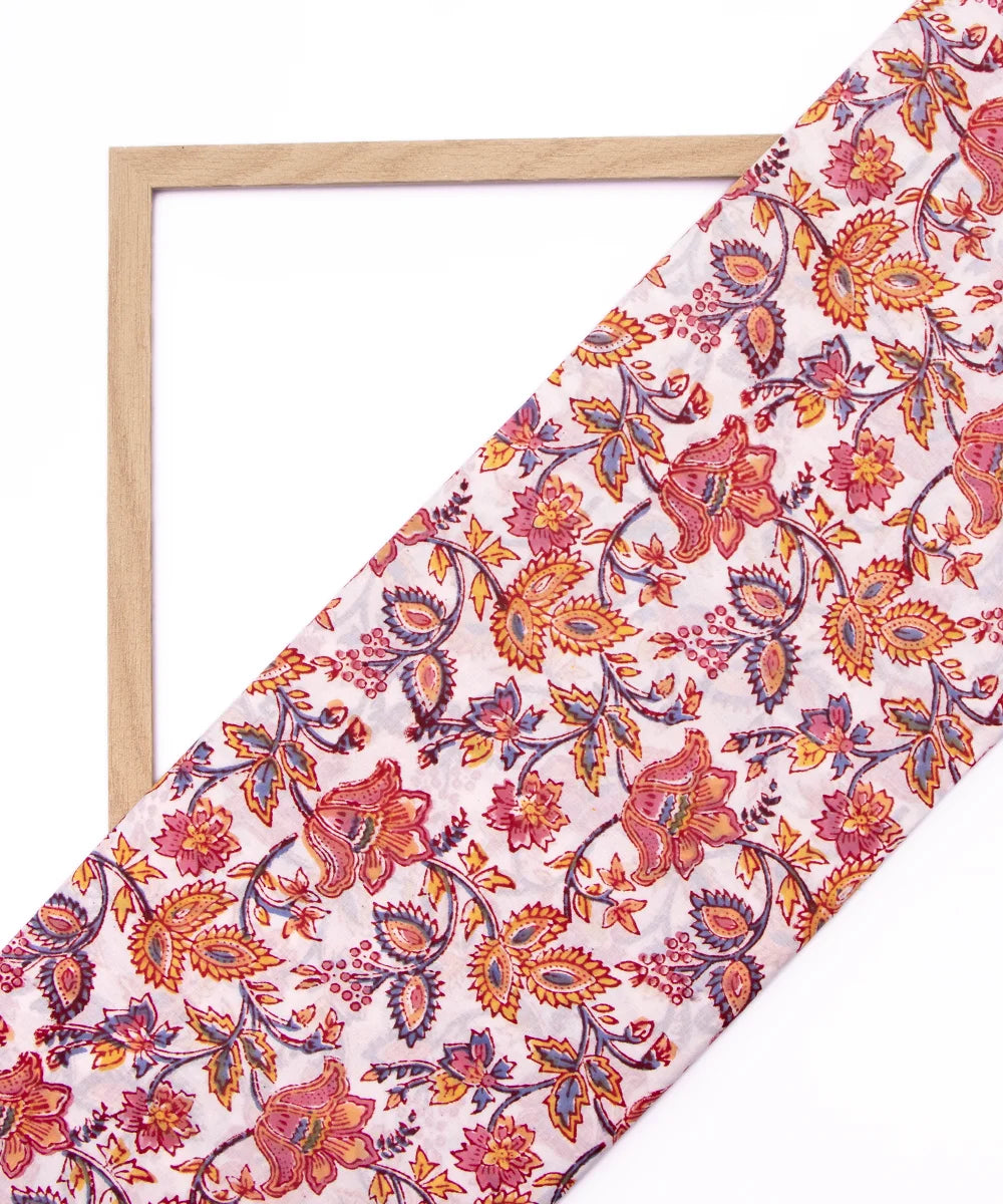 Jaipuri handblock White Floral Printed Natural Dye Soft Pure Cotton Fabric