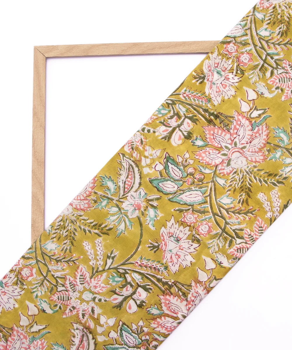 Jaipuri handblock Green Floral Printed Natural Dye Soft Pure Cotton Fabric