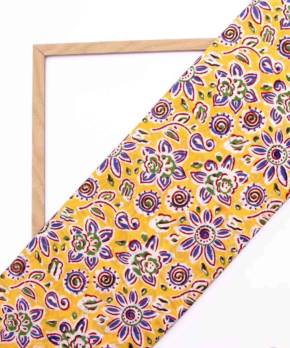 Jaipuri handblock Yellow Floral Printed Natural Dye Soft Pure Cotton Fabric