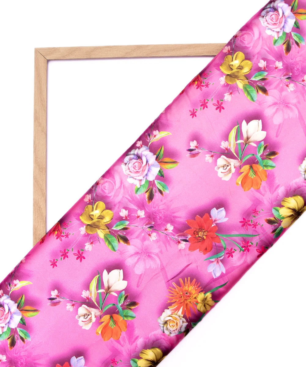 Pink Floral Digital Print Japan Satin Fabric