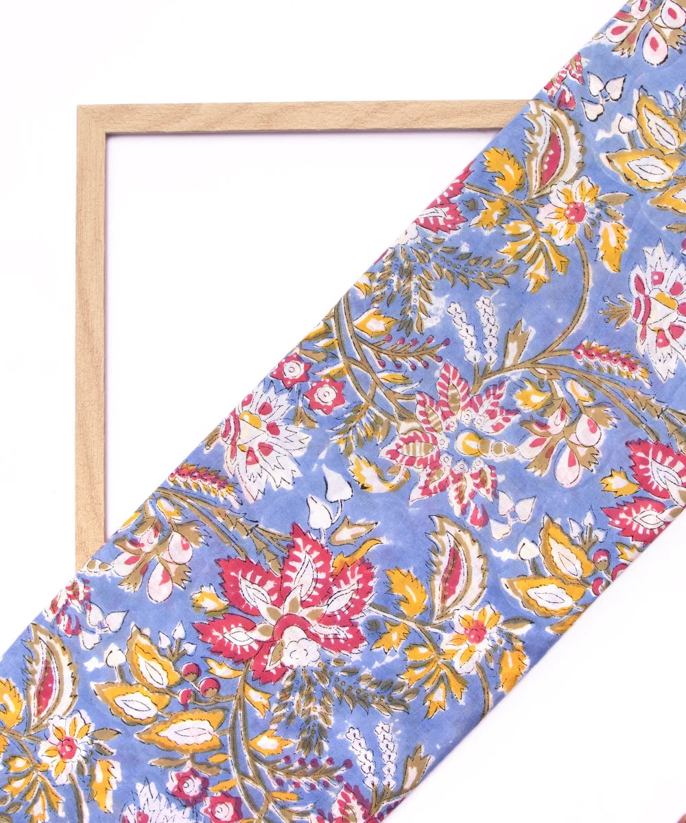 Jaipuri handblock Light Blue Printed Floral Natural Dye Soft Pure Cotton Fabric