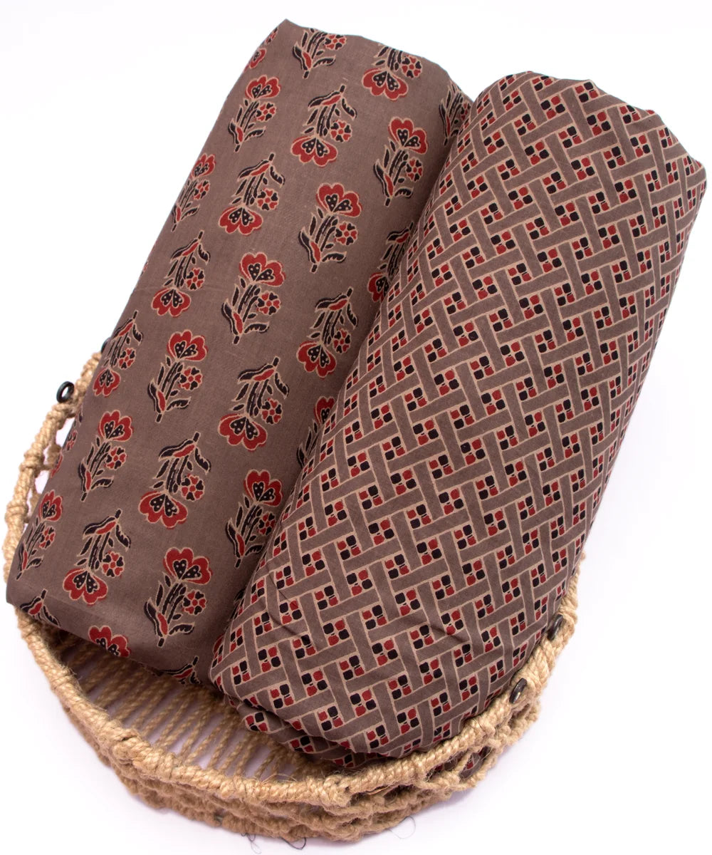 Screen Brownish Floral Printed Pure Cotton Fabric Set ( Top and bottom 2.5 meter each )