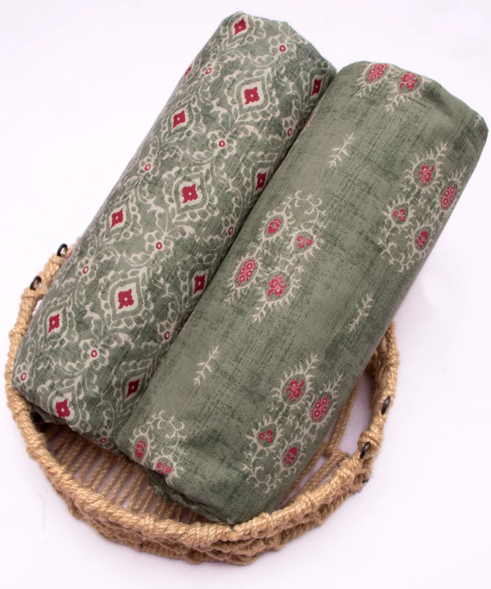Screen Green Floral Printed Pure Cotton Fabric Set ( Top and bottom 2.5 meter each )