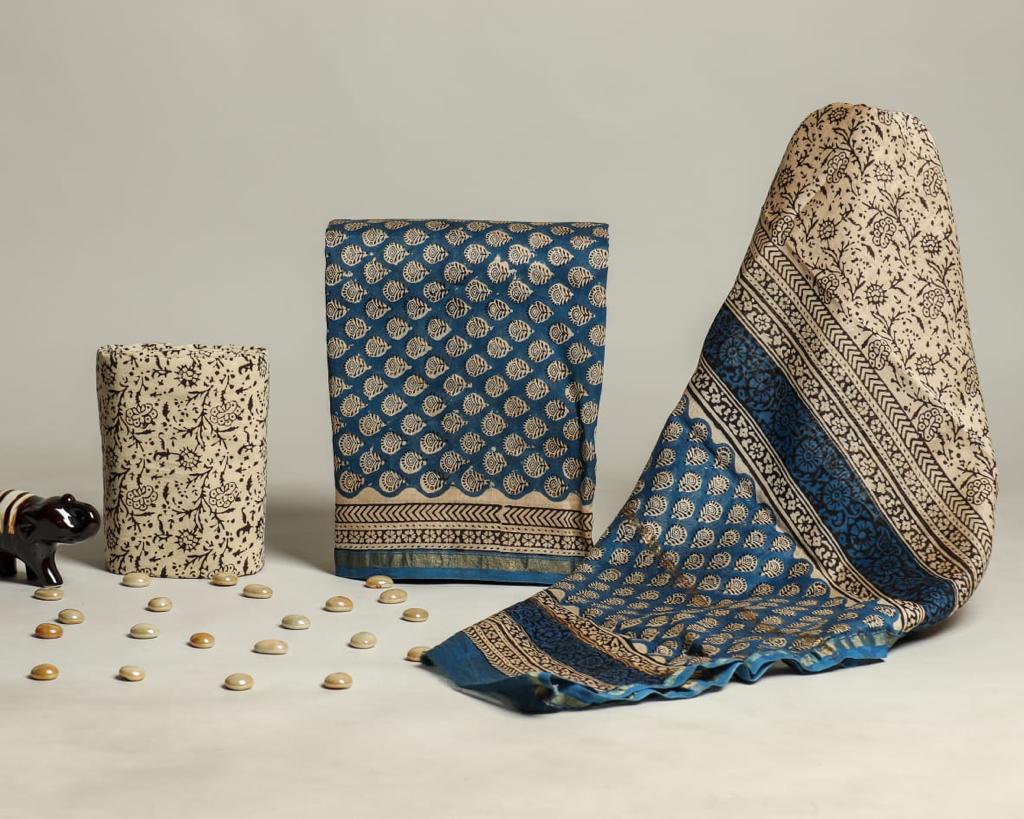 Buy Unstitched Dark Blue Chanderi Suit Materials Online – Fabric Bazaar
