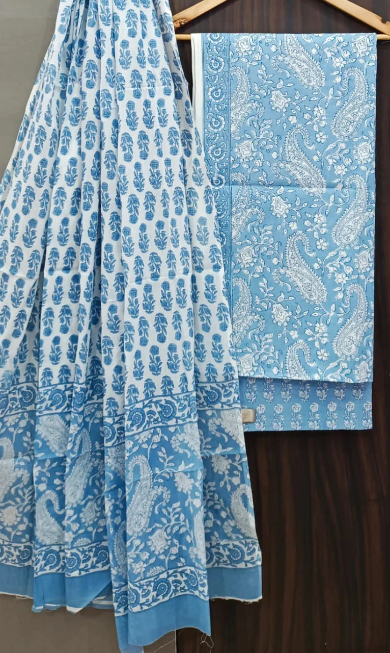 Blue Pure Cotton Dress Material With Cotton Dupatta Online Fabric Bazaar