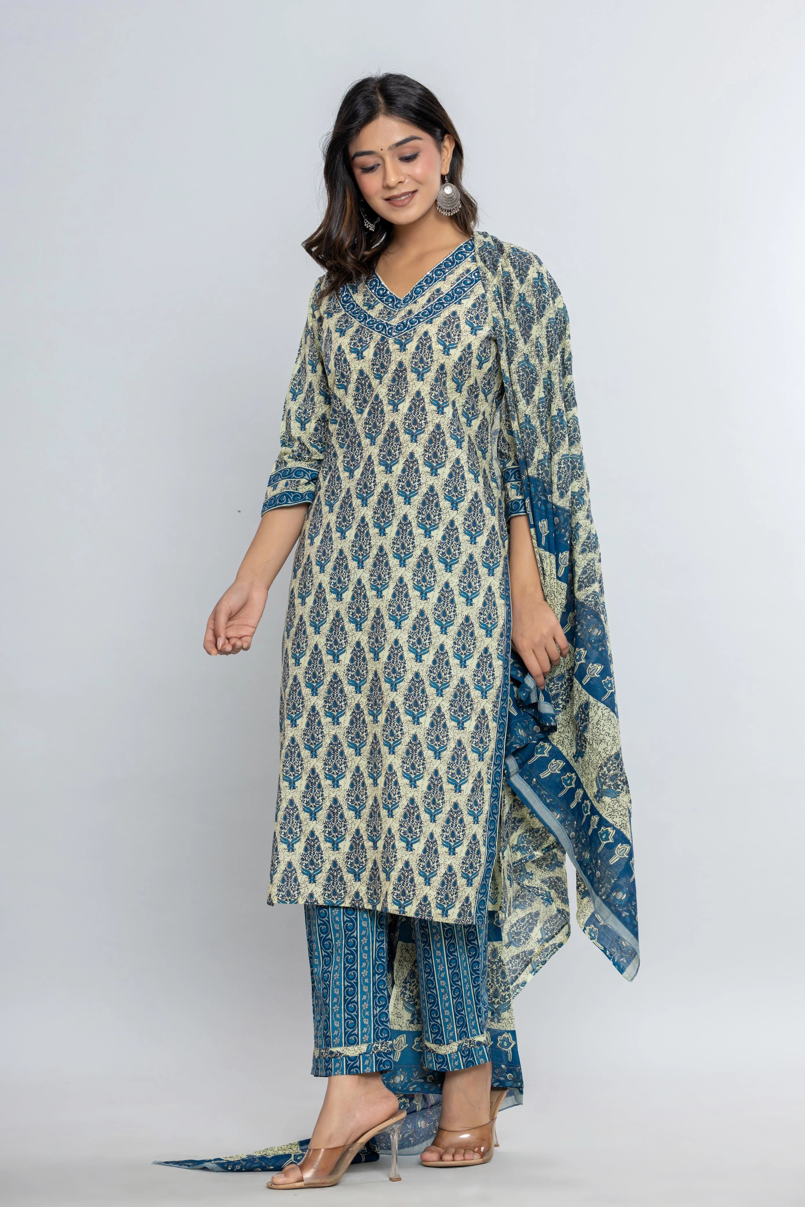 Buy Grey Straight Cotton Kurti Pant Set With Dupatta Online Fabric Bazaar