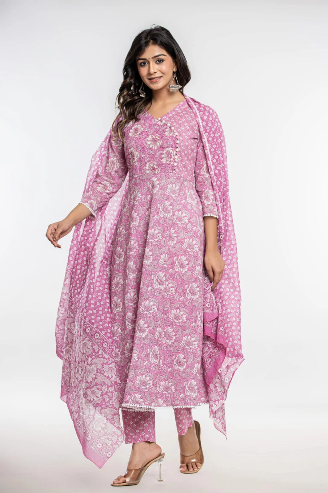 Purple Umbrella Cotton Kurti Pant Set With Dupatta Online – Fabric Bazaar