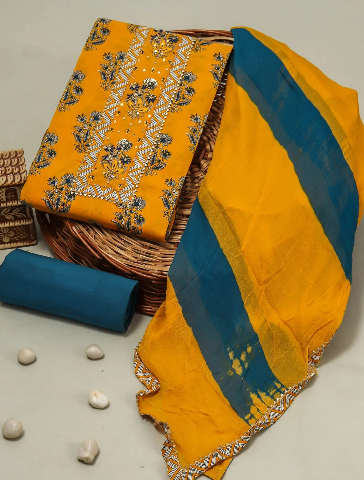 yellow dress material with chiffon dupatta Yellow block printed cotton dress material with chiffon dupatta