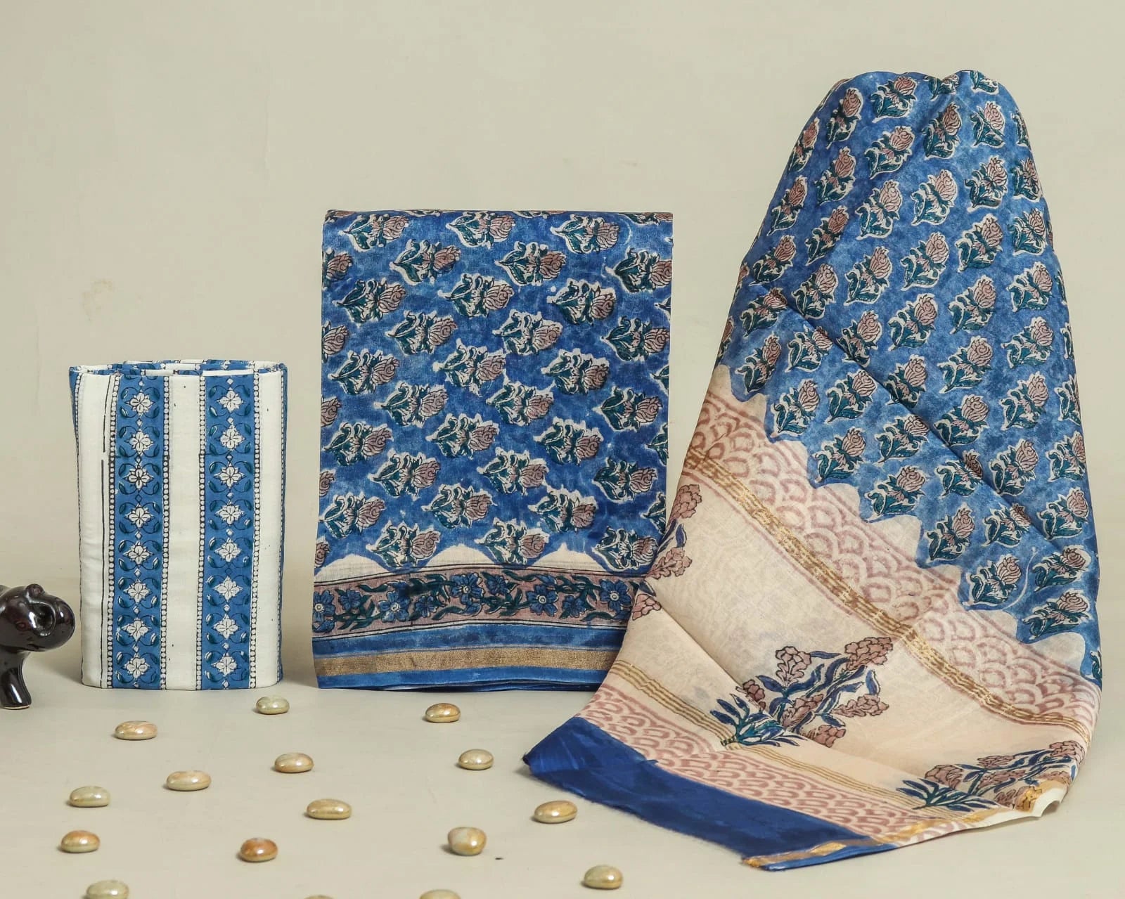 white christmas dresses Indigo Ajrakh Chanderi Cotton Silk Dress Material – Weaves of Tradition main image 0
