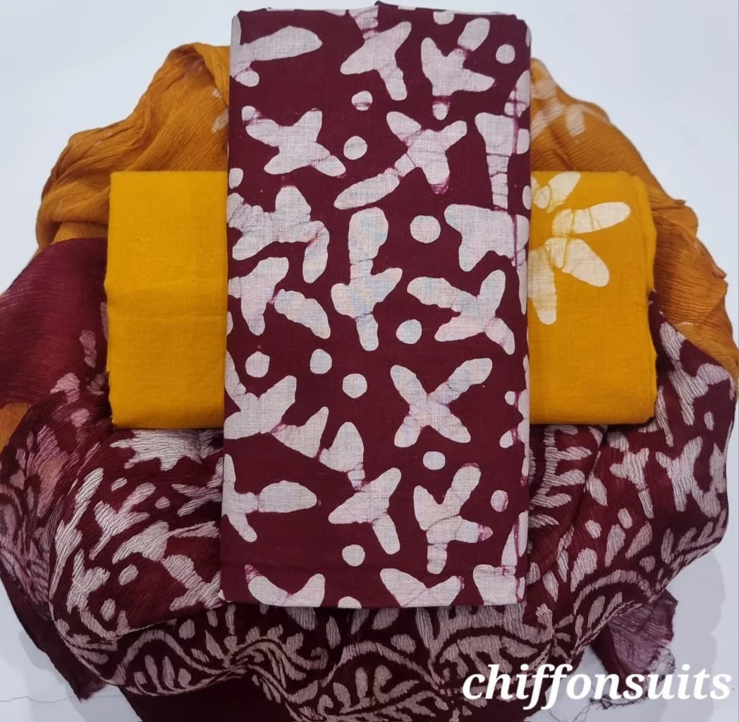 Batik maroon Cotton Salwar Chiffon Dupatta Suit Online