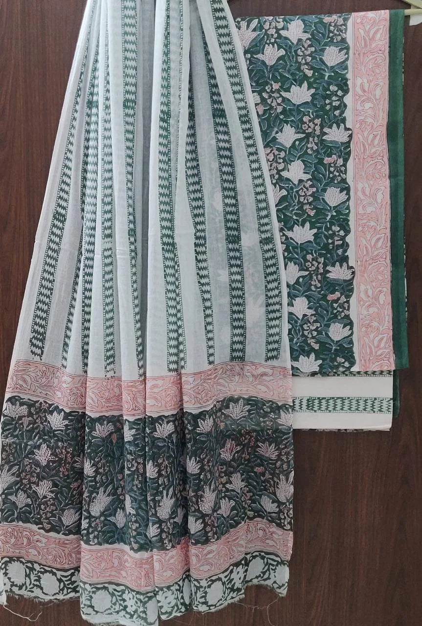 Printed Unstitched Cotton Salwar Suit With Mulmul Dupatta