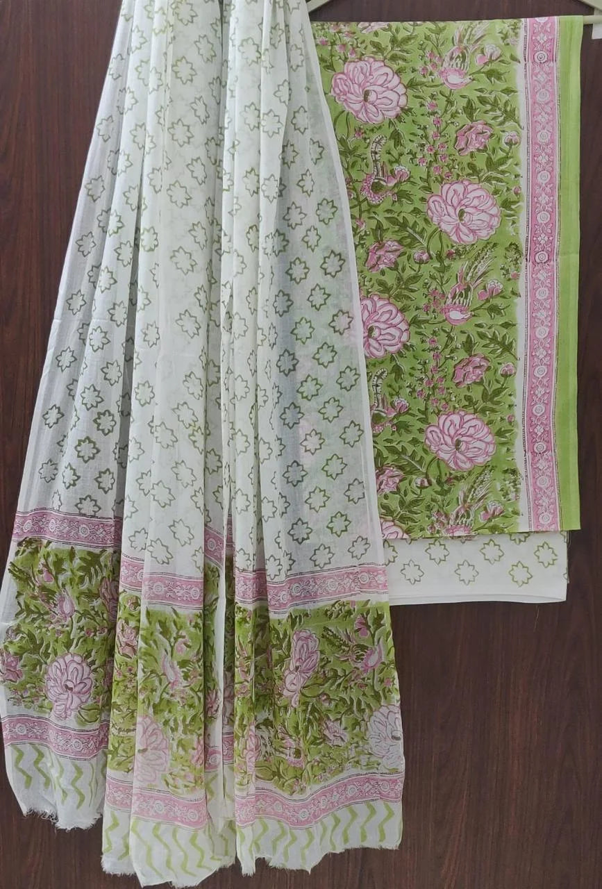 Printed Unstitched Cotton Salwar Suit With Mulmul Dupatta