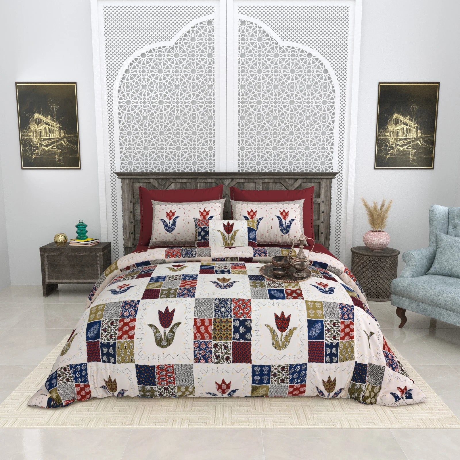 Pure Cotton Bagru gold Bedsheets for Double Bed with Pillow Covers, 108" x 108" Super King Size, Breathable and Skin Friendly