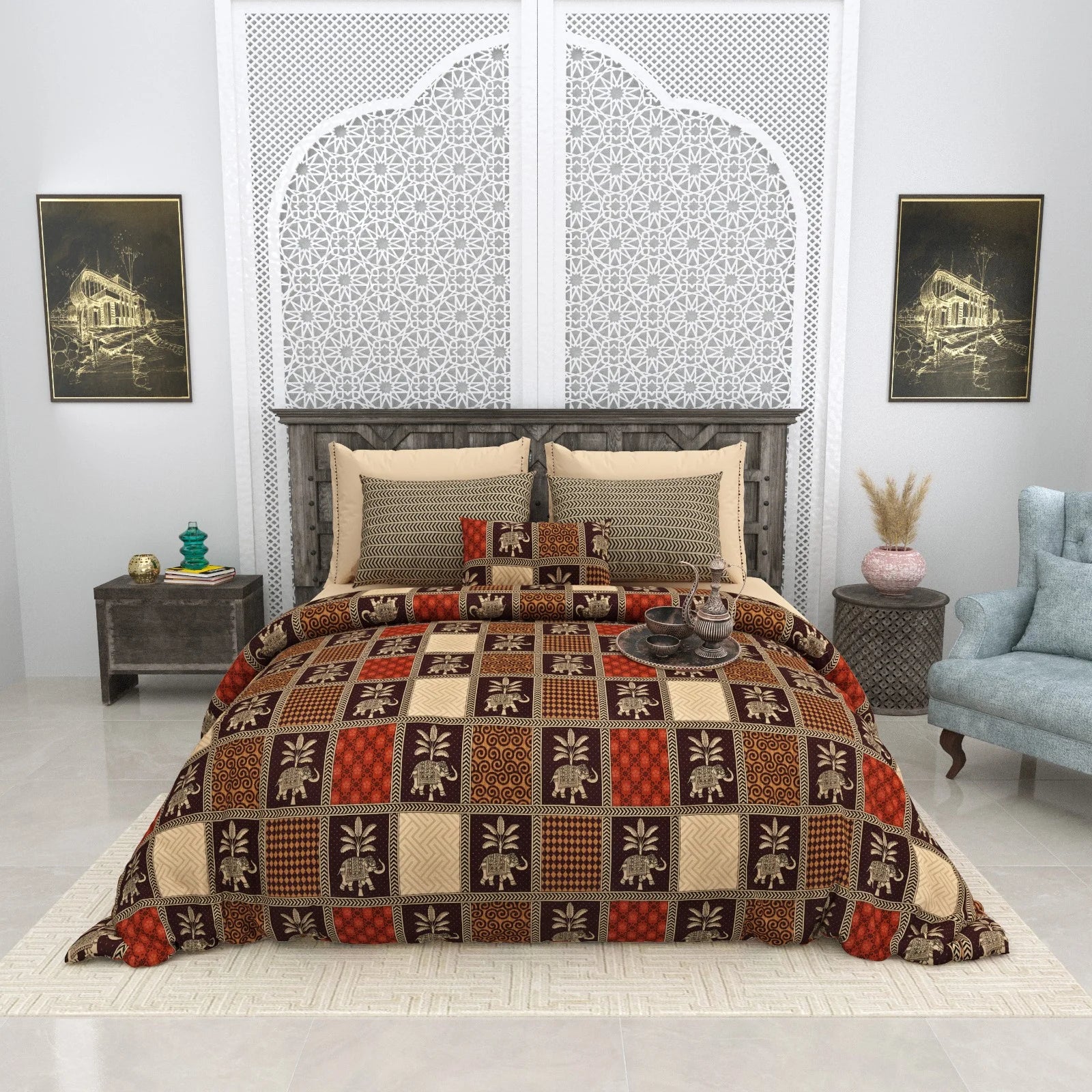 Pure Cotton Bagru gold Bedsheets for Double Bed with Pillow Covers, 108" x 108" Super King Size, Breathable and Skin Friendly