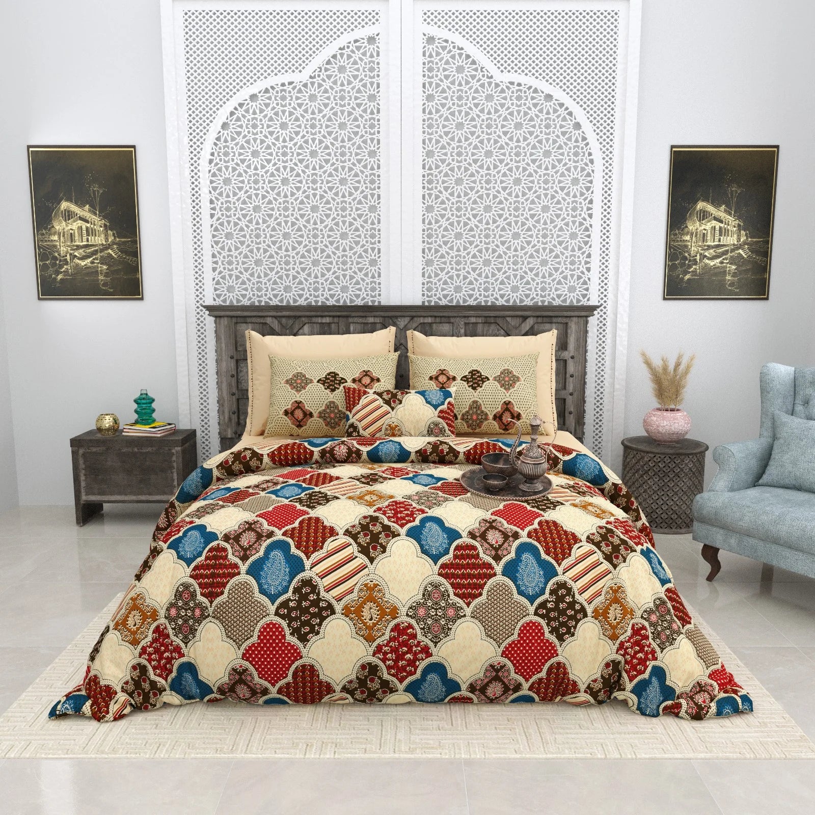 Pure Cotton Bagru gold Bedsheets for Double Bed with Pillow Covers, 108" x 108" Super King Size, Breathable and Skin Friendly