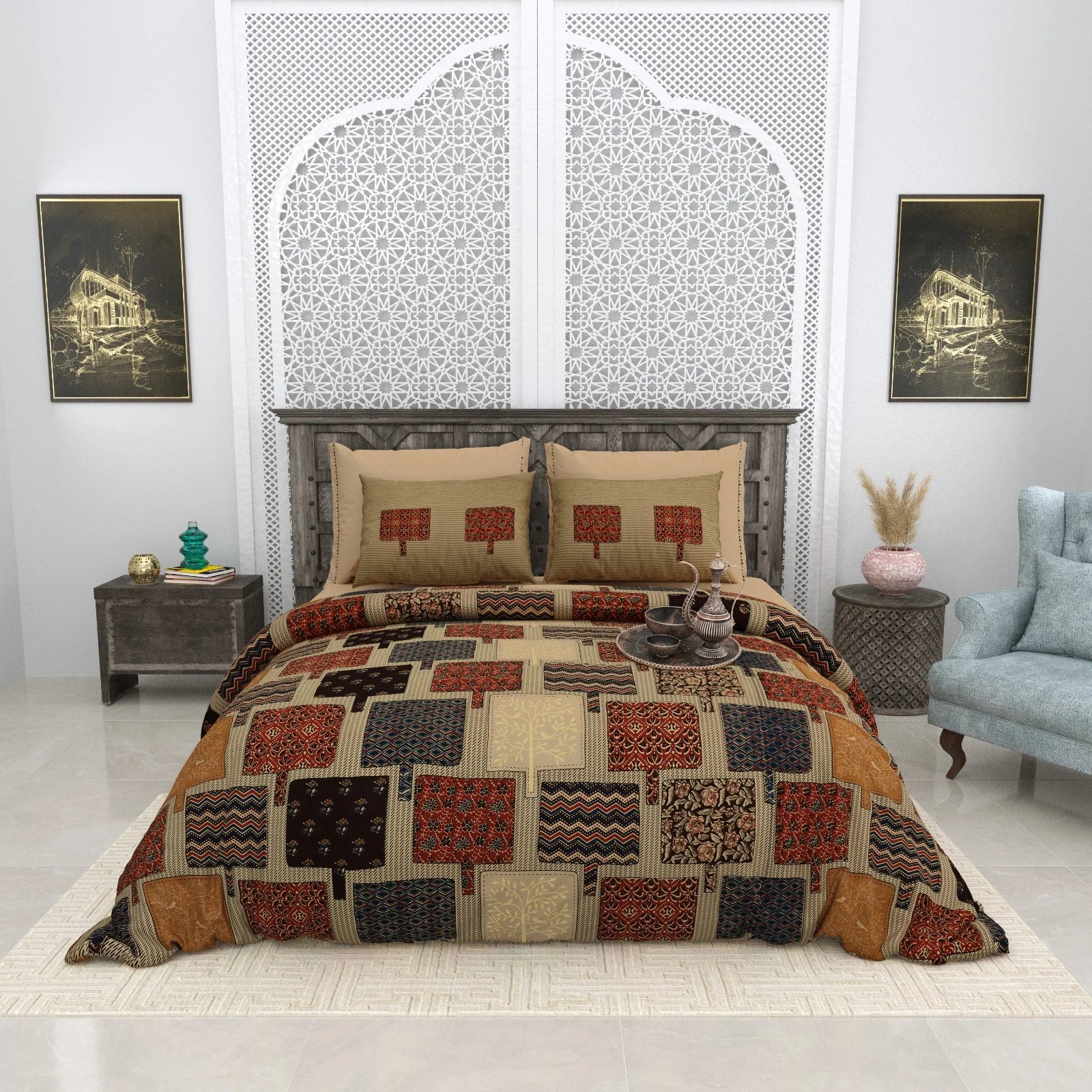 Pure Cotton Bagru gold Bedsheets for Double Bed with Pillow Covers, 108" x 108" Super King Size, Breathable and Skin Friendly