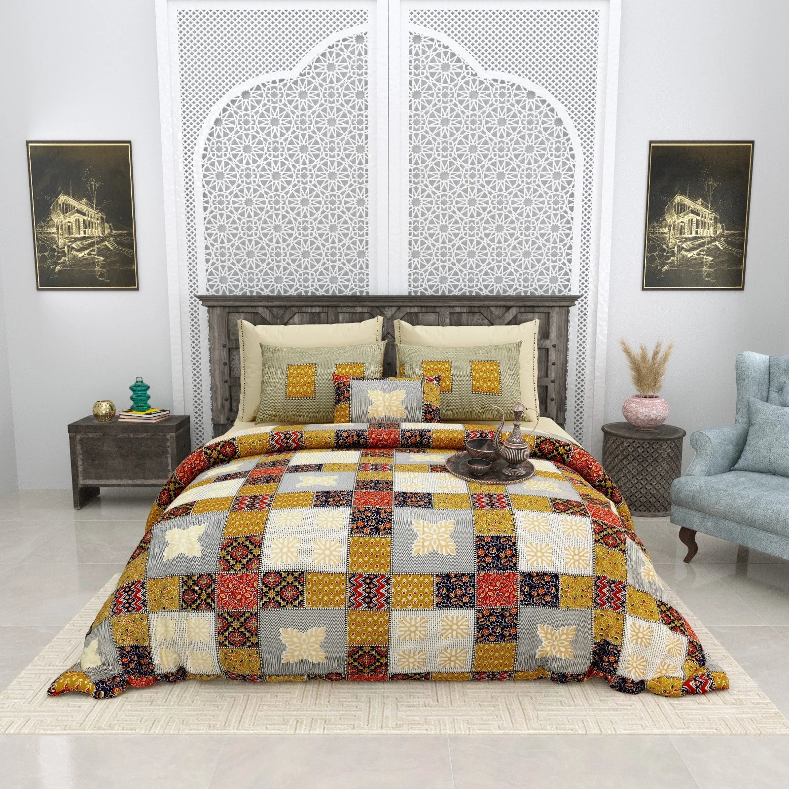 Pure Cotton Bagru gold Bedsheets for Double Bed with Pillow Covers, 108" x 108" Super King Size, Breathable and Skin Friendly