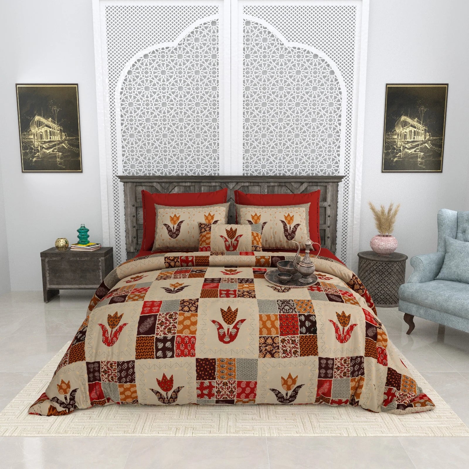 Pure Cotton Bagru gold Bedsheets for Double Bed with Pillow Covers, 108" x 108" Super King Size, Breathable and Skin Friendly