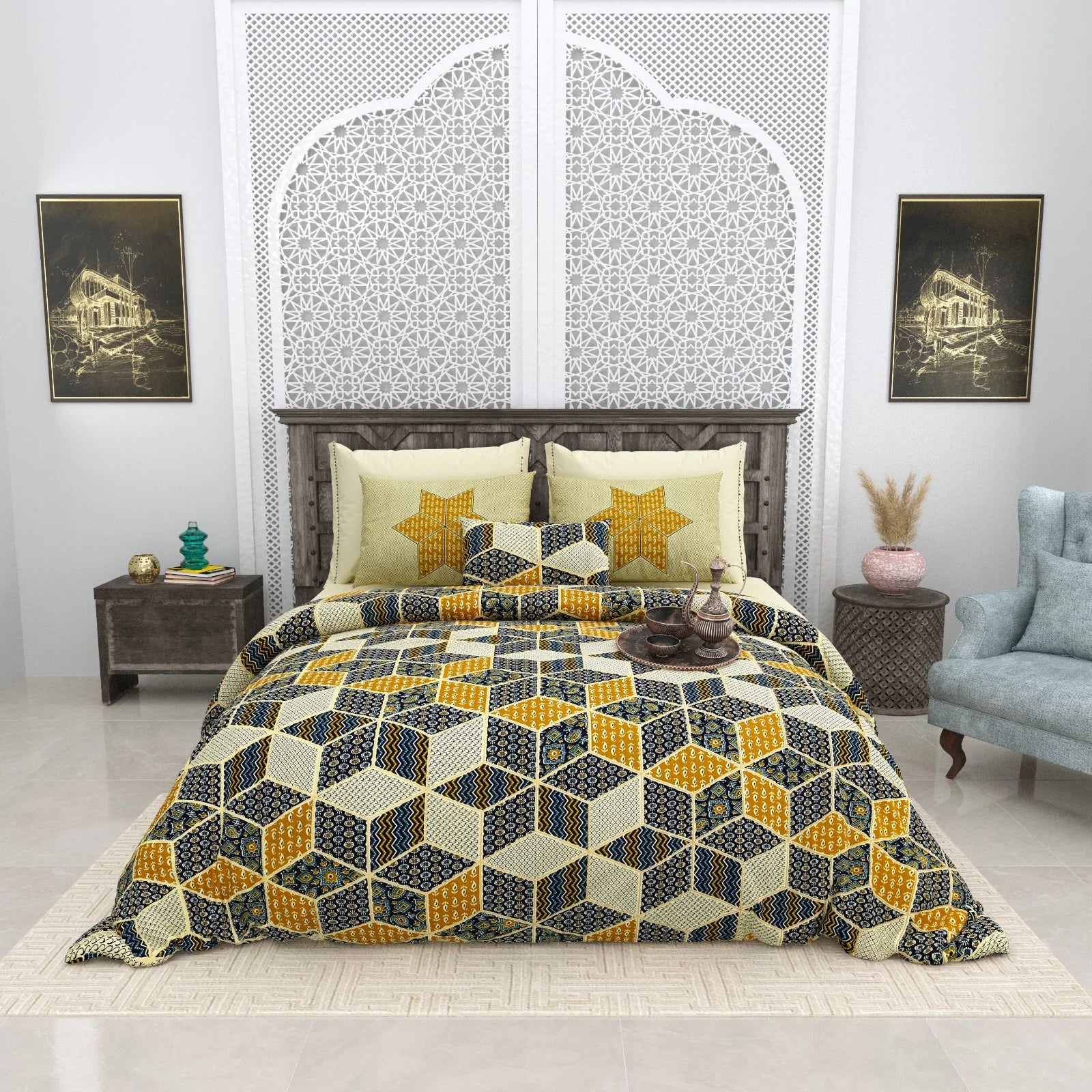 Pure Cotton Bagru gold Bedsheets for Double Bed with Pillow Covers, 108" x 108" Super King Size, Breathable and Skin Friendly