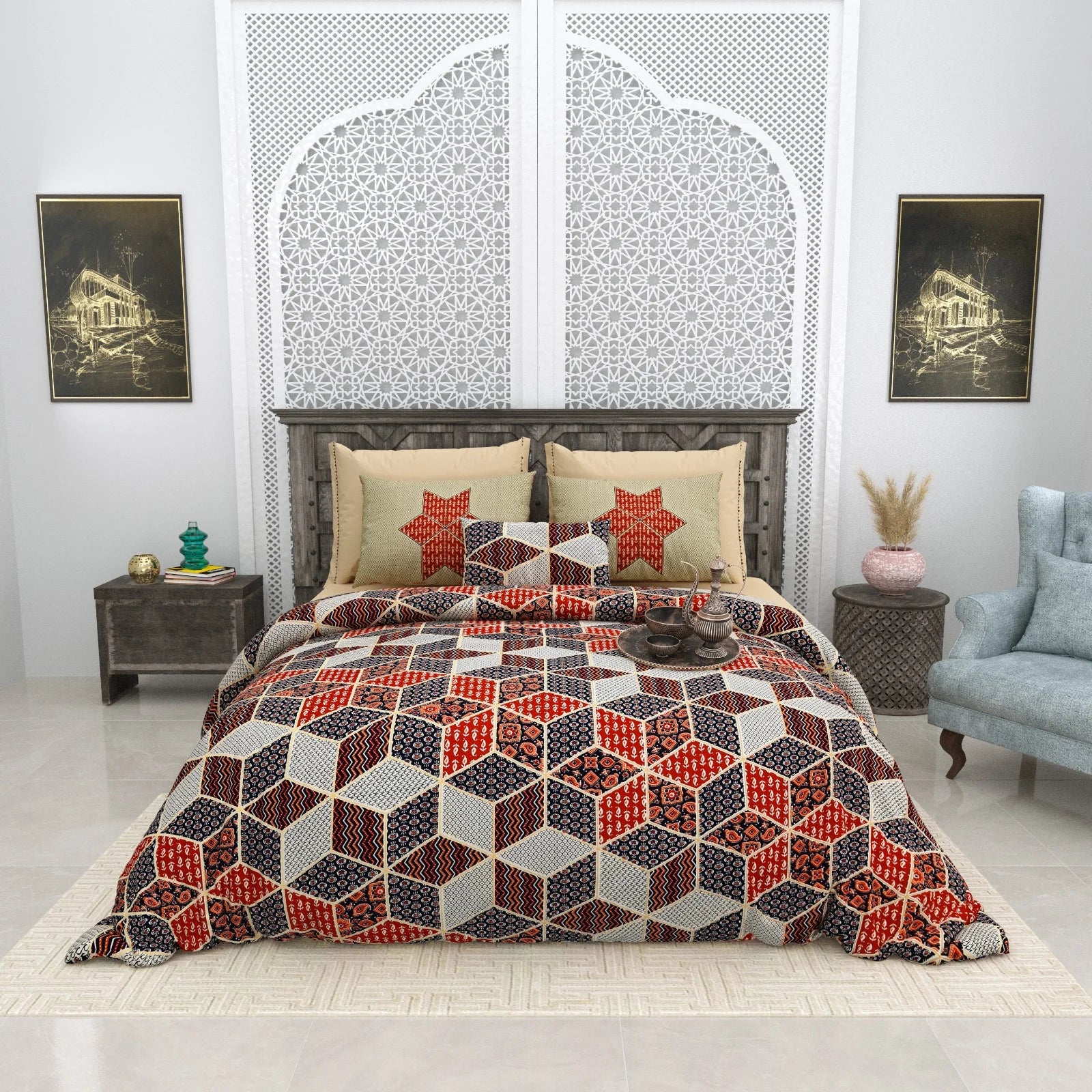 Pure Cotton Bagru gold Bedsheets for Double Bed with Pillow Covers, 108" x 108" Super King Size, Breathable and Skin Friendly