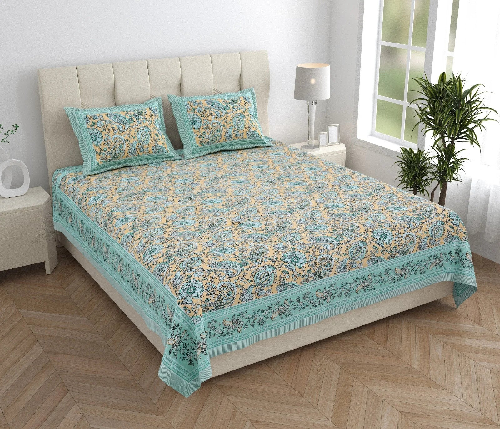 Pure Cotton Printed Jaipuri Bedsheets for Double Bed with Pillow Covers, 95" x 108" King Size, Breathable and Skin Friendly