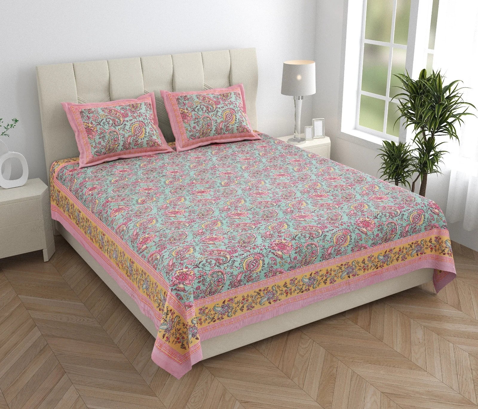 Pure Cotton Printed Jaipuri Bedsheets for Double Bed with Pillow Covers, 95" x 108" King Size,Breathable and Skin Friendly