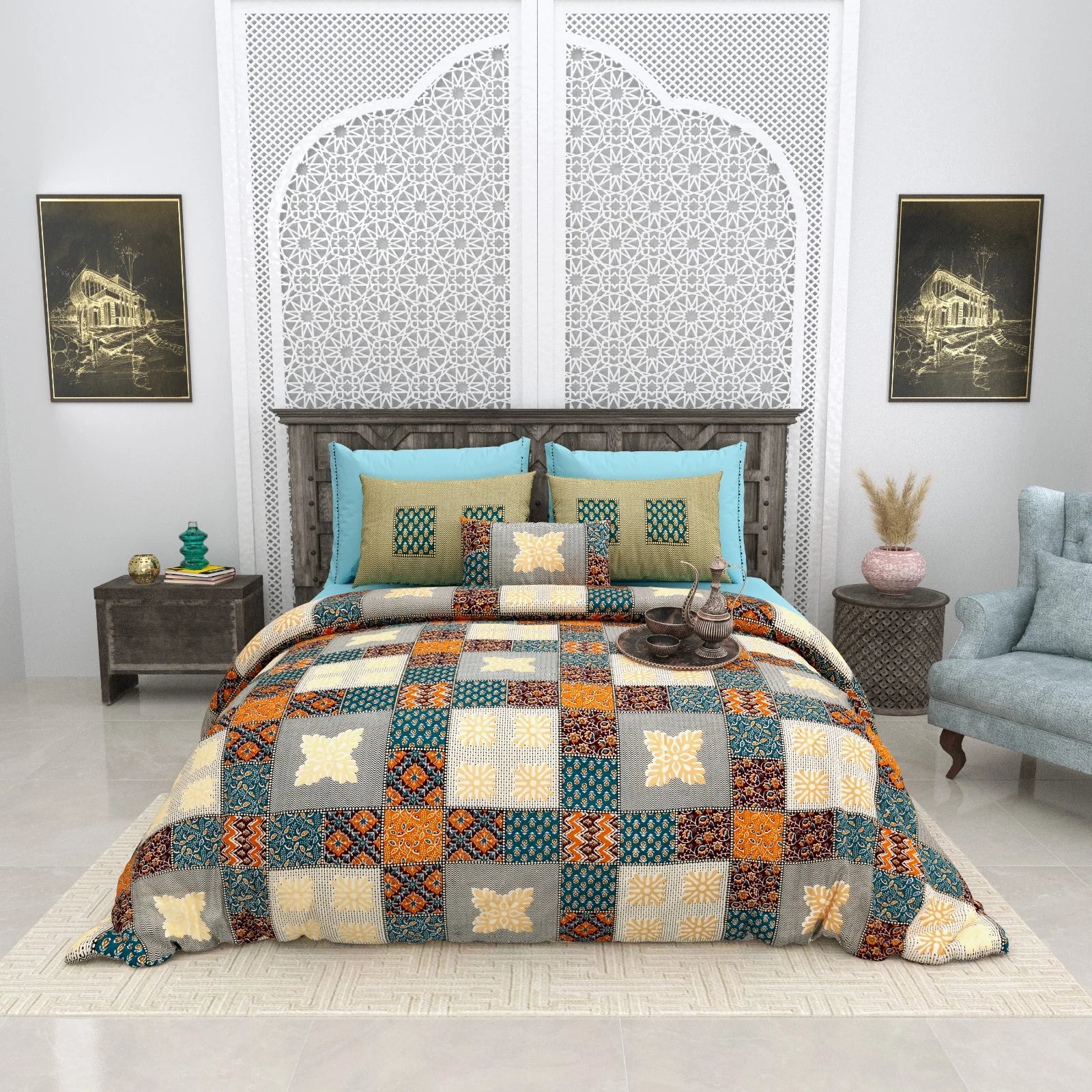 Pure Cotton Bagru gold Bedsheets for Double Bed with Pillow Covers, 108" x 108" Super King Size, Breathable and Skin Friendly