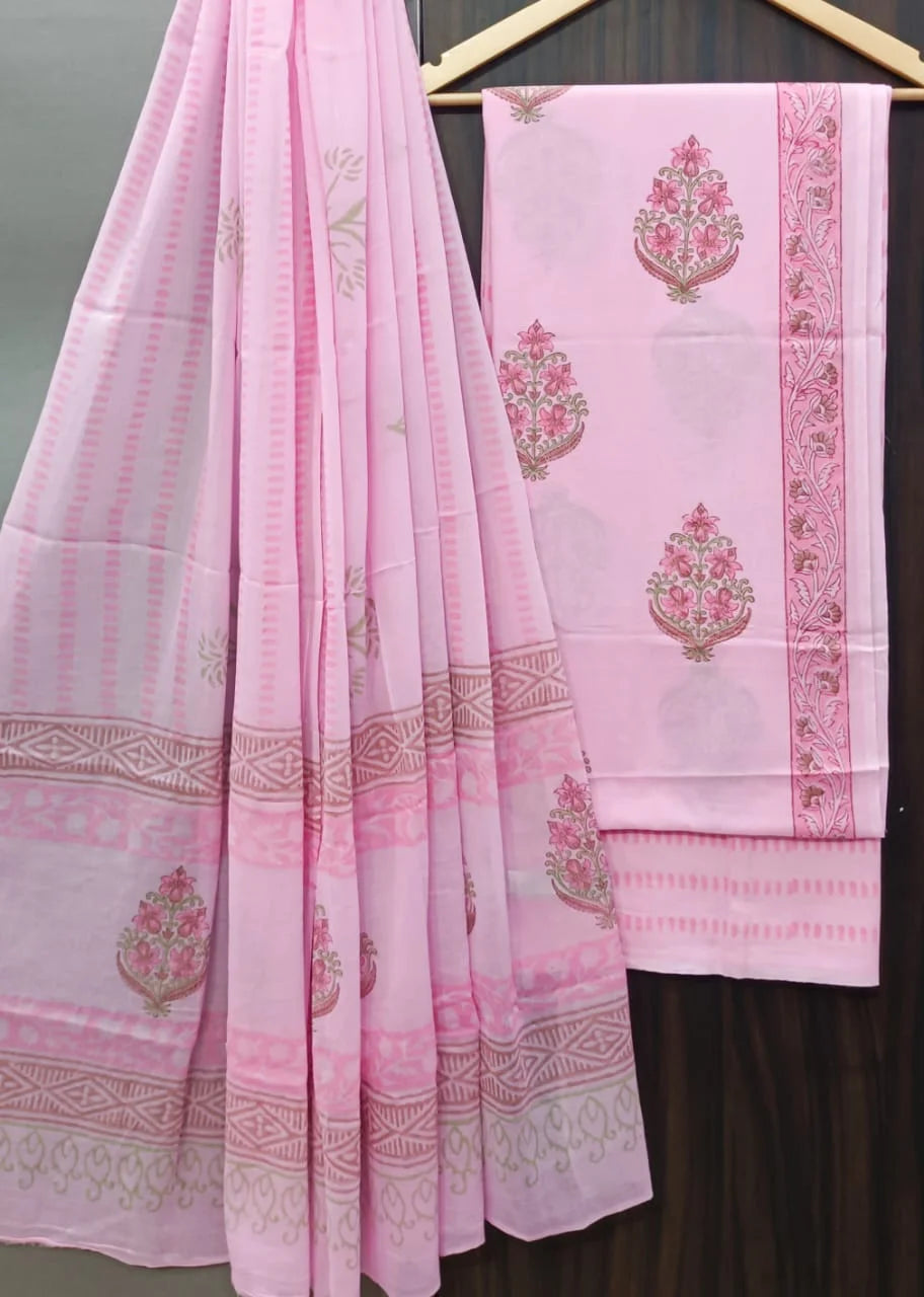 Printed Unstitched Cotton Salwar Suit With Mulmul Dupatta
