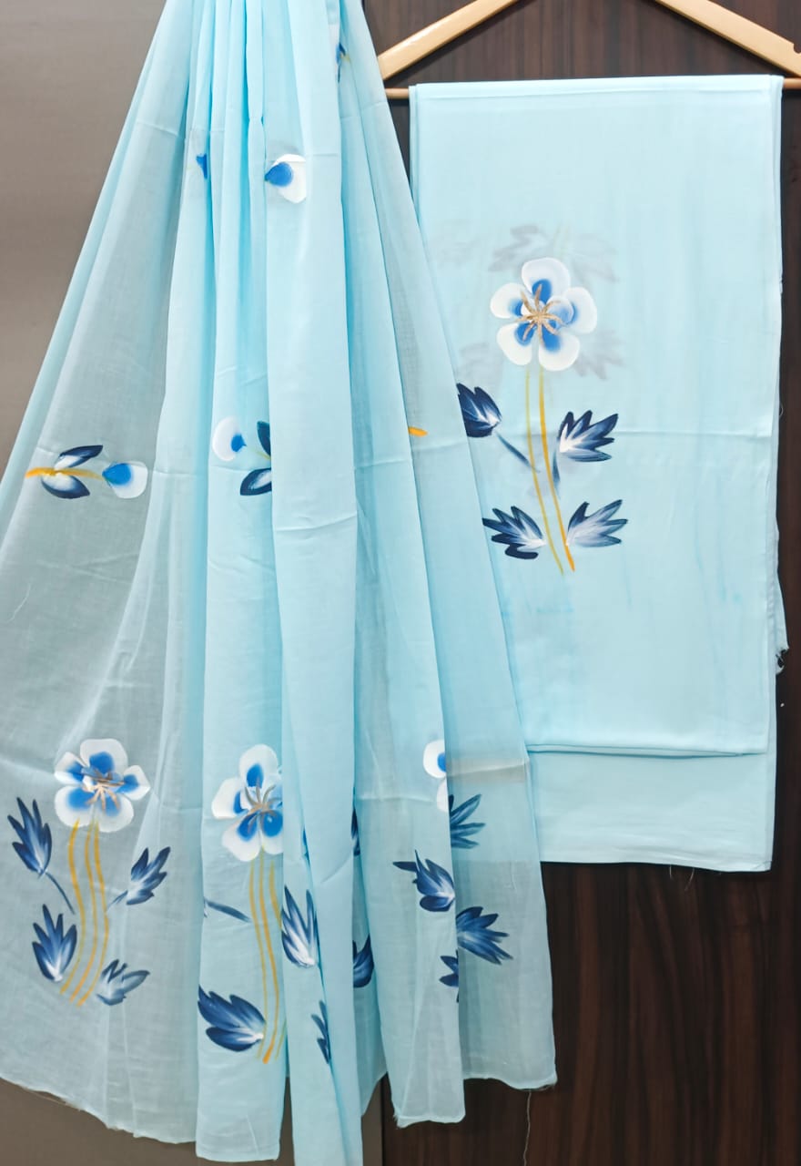 Printed Unstitched Cotton Salwar Suit With Mulmul Dupatta