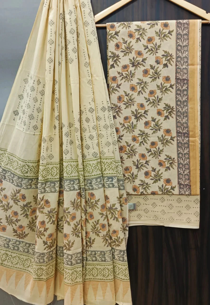 Printed Unstitched Cotton Salwar Suit With Mulmul Dupatta