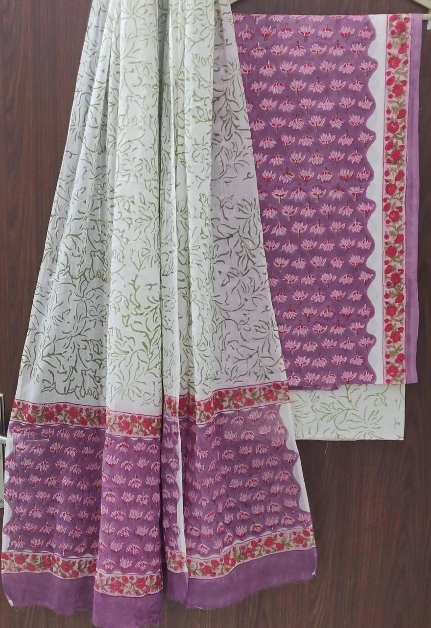 Printed Unstitched Cotton Salwar Suit With Mulmul Dupatta