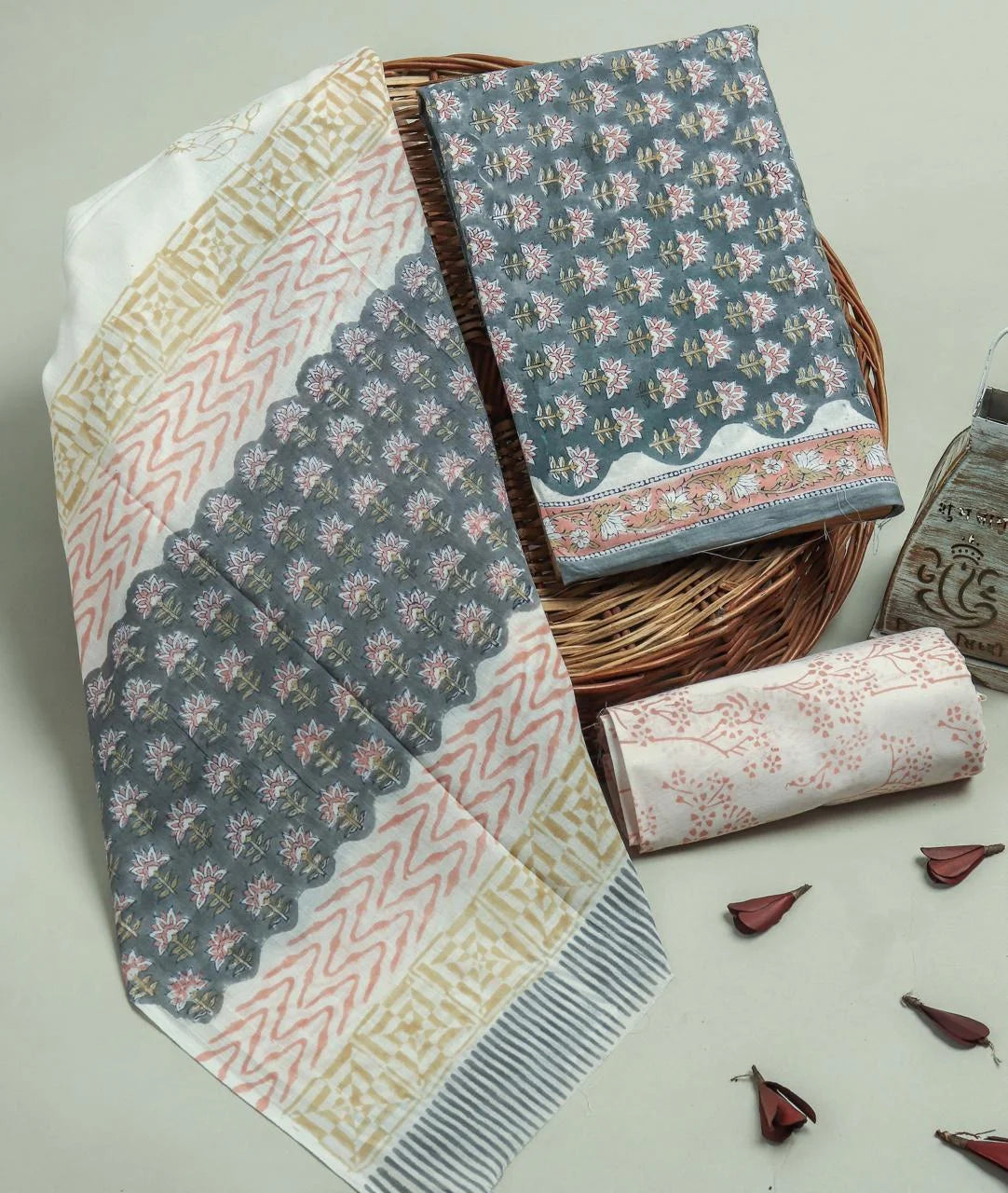 Printed Unstitched Cotton Salwar Suit With Mulmul Dupatta