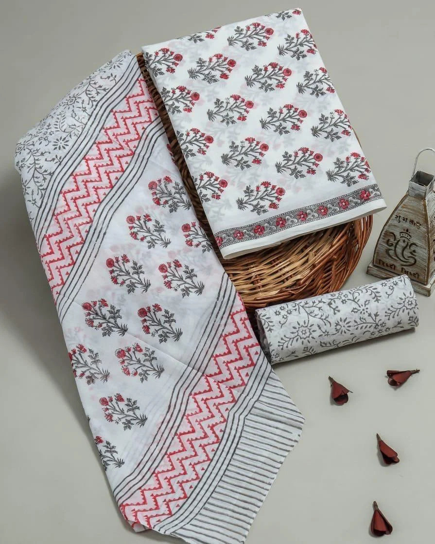 Handblock Printed Unstitched Cotton Salwar Suit With Mulmul Dupatta