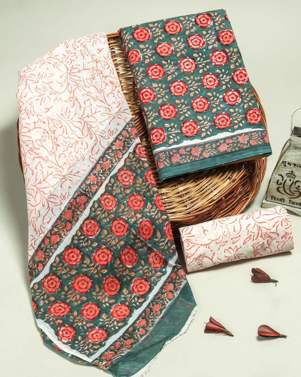 Printed Unstitched Cotton Salwar Suit With Mulmul Dupatta