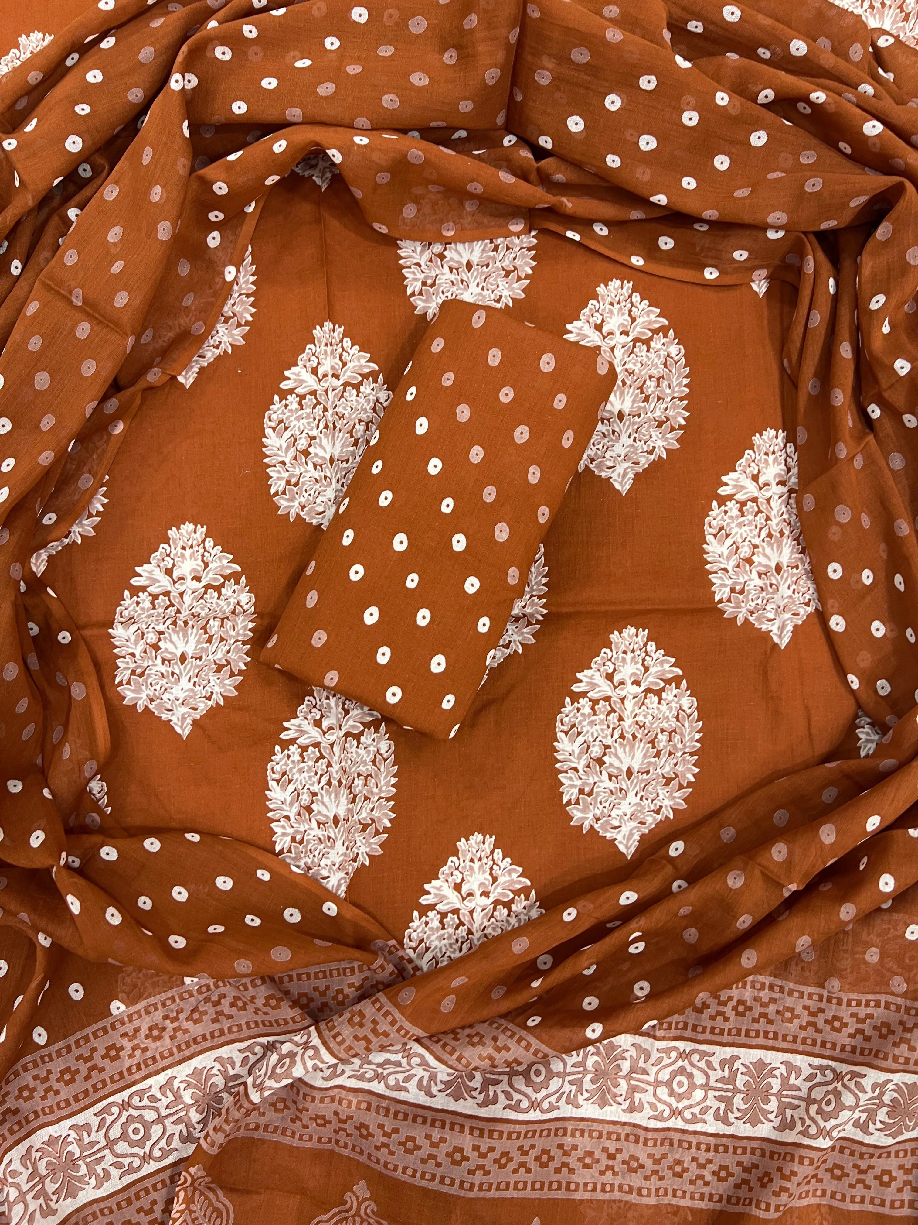 Printed Unstitched Cotton Salwar Suit With Mulmul Dupatta
