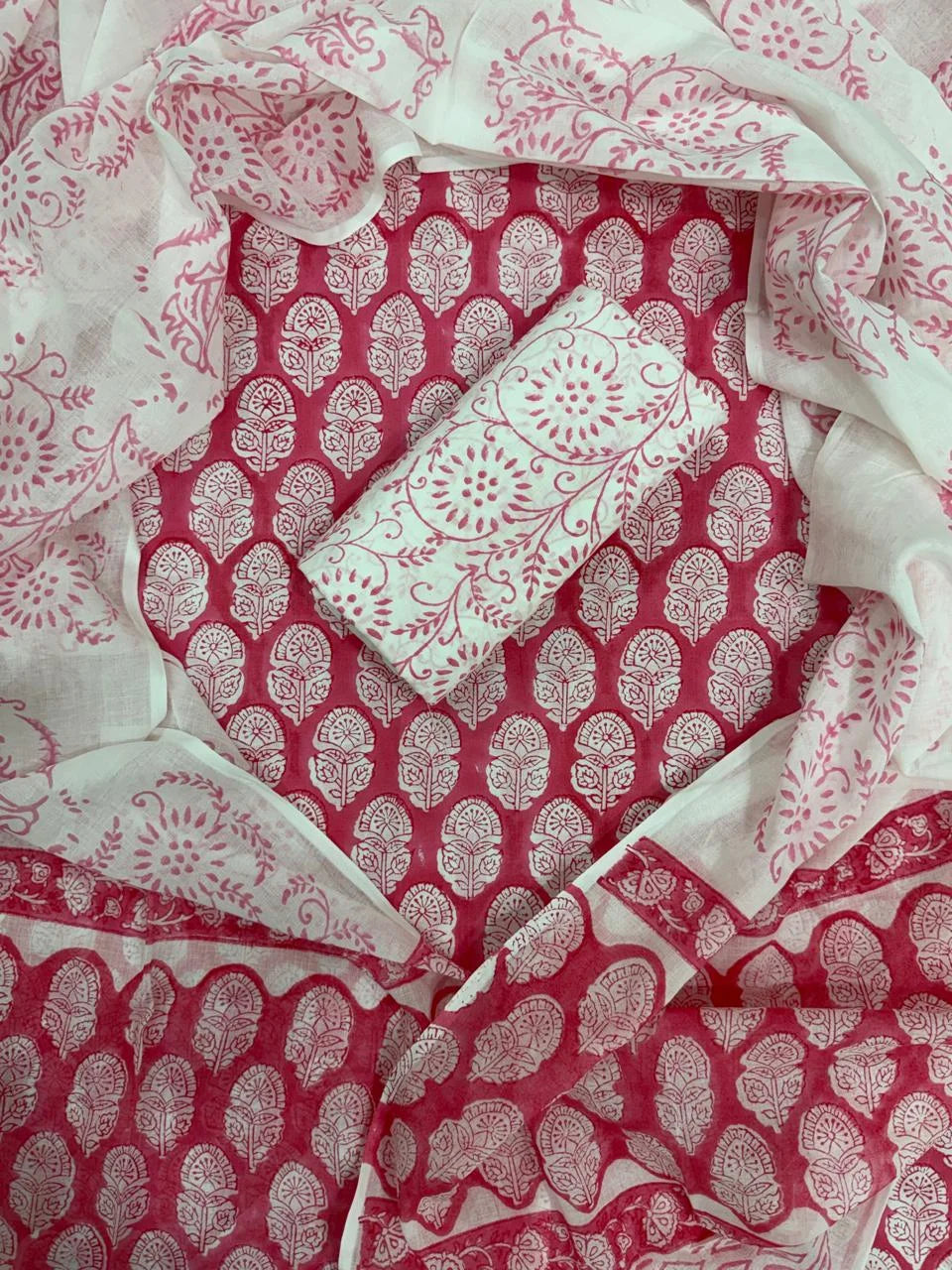 Printed Unstitched Cotton Salwar Suit With Mulmul Dupatta