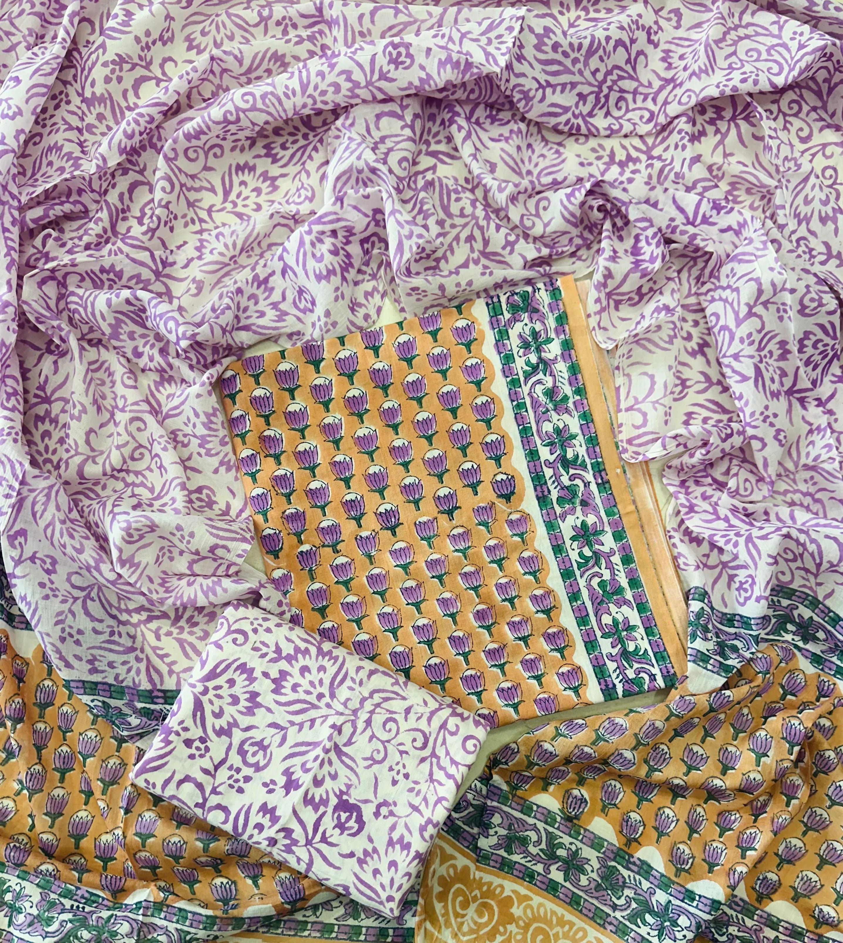 Printed Unstitched Cotton Salwar Suit With Mulmul Dupatta